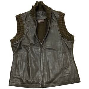 Cruel Girl S Brown Leather and Blended Wool Knit Vest with Pockets Western Yoke